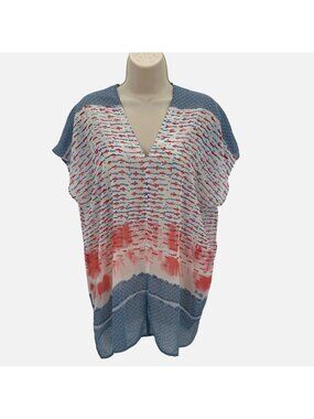 Cabi Women’s Multicolor Dolman Sleeve Semi Sheer V-Neck Tunic Top Size M